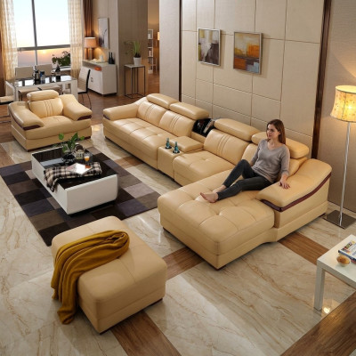 Conjunto de salón de lujo, sofá en forma de L en formato de esquina, moderno, cómodo, mobiliario de asiento.