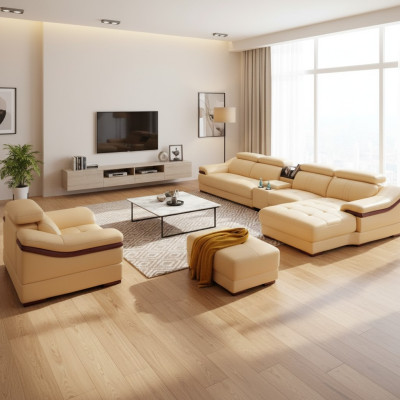 Conjunto de salón de lujo, sofá en forma de L en formato de esquina, moderno, cómodo, mobiliario de asiento.