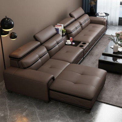 Asiento Muebles Sofá de esquina de lujo de cuero artificial en forma de L acolchado moderno de la sala de estar
