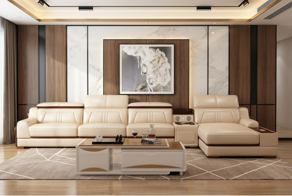 Sofá esquinero en forma de L con asientos acolchados, sofá de descanso, mobiliario, paisaje interior de lujo, conjunto de esquina.