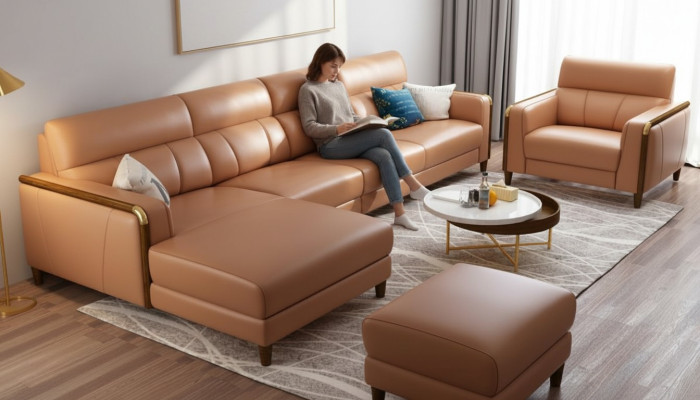 Muebles de asiento conjunto de sala de estar de lujo de cuero artificial sofá en forma de L con tapicería.