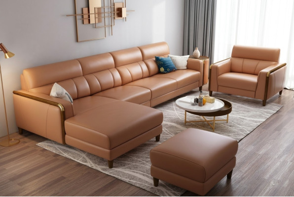 Muebles de asiento conjunto de sala de estar de lujo de cuero artificial sofá en forma de L con tapicería.