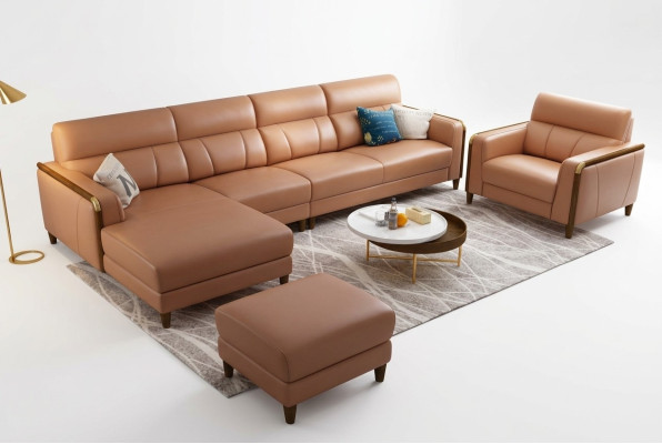 Muebles de asiento conjunto de sala de estar de lujo de cuero artificial sofá en forma de L con tapicería.