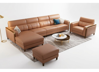 Muebles de asiento conjunto de sala de estar de lujo de cuero artificial sofá en forma de L con tapicería.