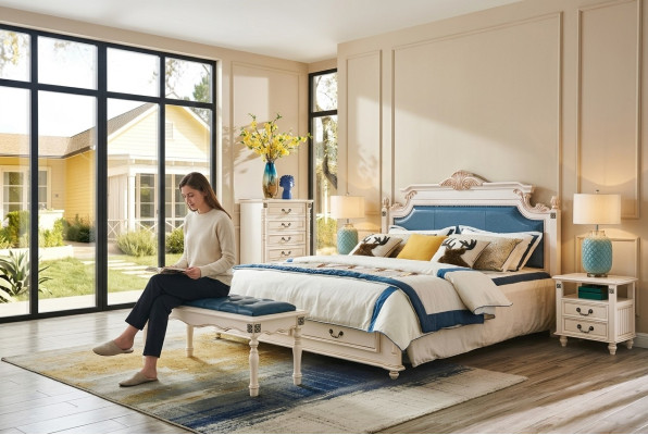 Diseñador de cama doble tapizada cama dormitorio cama matrimonial cuero estilo colonial.