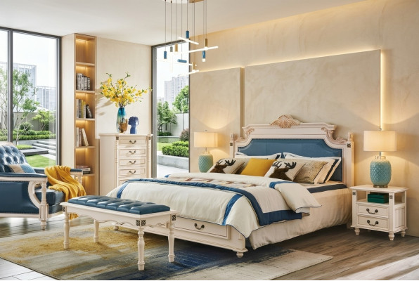 Diseñador de cama doble tapizada cama dormitorio cama matrimonial cuero estilo colonial.