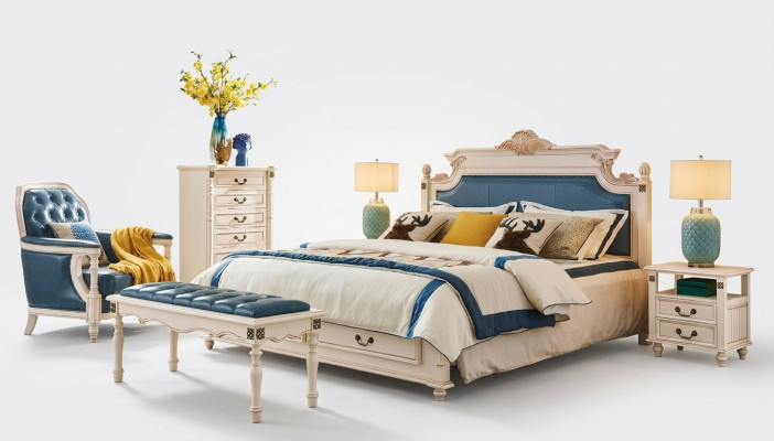 Diseñador de cama doble tapizada cama dormitorio cama matrimonial cuero estilo colonial.
