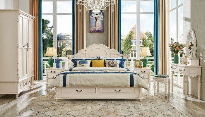 Set de dormitorio Cama Mesita de noche Armario Silla tocador Diseño de 6 piezas.