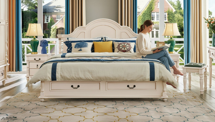 Increíble conjunto de dormitorio con cama y mesitas de noche en blanco.
