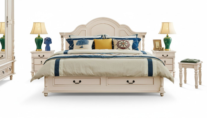 Increíble conjunto de dormitorio con cama y mesitas de noche en blanco.
