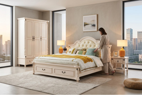 Cama doble Chesterfield y 2 mesitas de noche en patas torneadas.