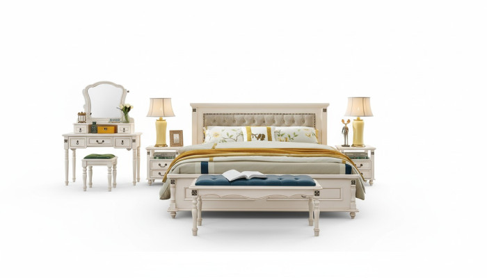 Cama doble elegante con un diseño de madera lujoso y cabecero acolchado.
