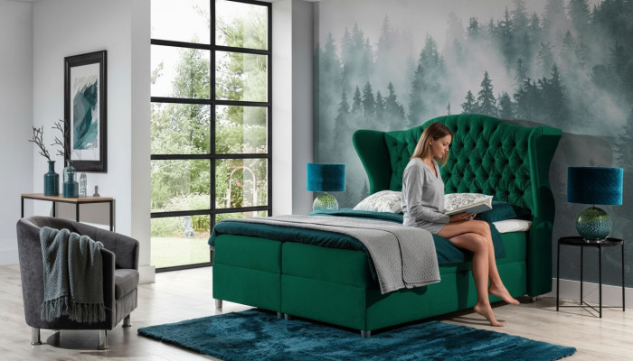 Camas boxspring Chesterfield, cama de hotel, dormitorio de terciopelo de lujo, muebles de terciopelo.