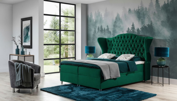 Camas boxspring Chesterfield, cama de hotel, dormitorio de terciopelo de lujo, muebles de terciopelo.