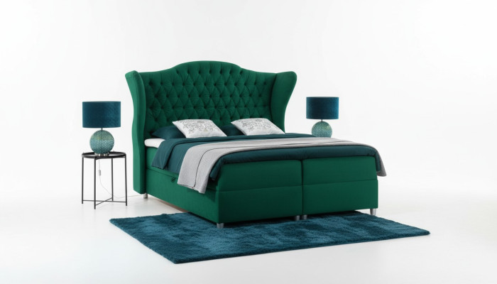 Camas boxspring Chesterfield, cama de hotel, dormitorio de terciopelo de lujo, muebles de terciopelo.