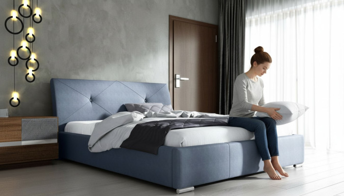 Cama doble azul con cabecera acolchada, marco de cama de madera azul y tela, para hotel.