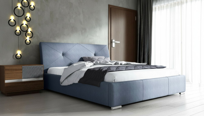 Cama doble azul con cabecera acolchada, marco de cama de madera azul y tela, para hotel.