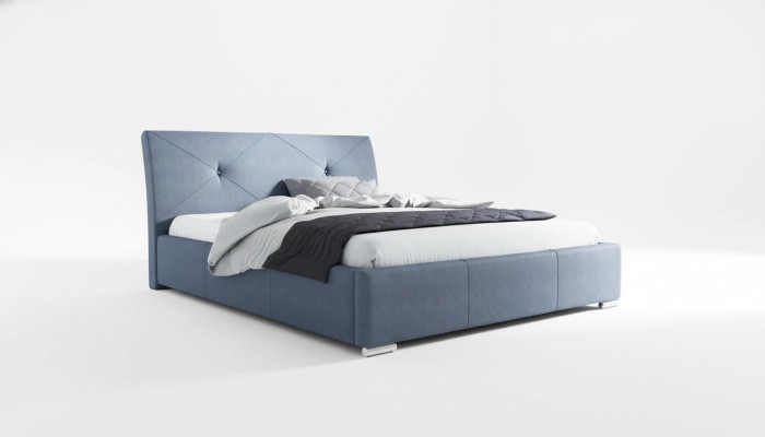 Cama doble azul con cabecera acolchada, marco de cama de madera azul y tela, para hotel.