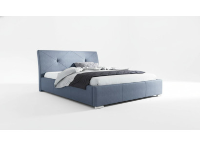 Cama doble azul con cabecera acolchada, marco de cama de madera azul y tela, para hotel.