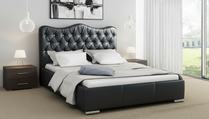Estructura de cama Cama Cama de matrimonio Moderna Cama de cuero artificial Cama tapizada Cama doble Negra