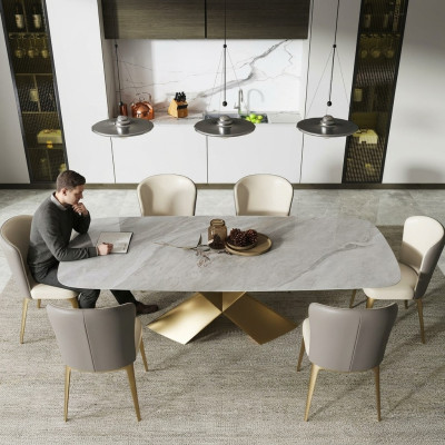 Mesas de comedor de lujo, mesa de diseño, acero inoxidable, piedra, muebles de comedor modernos, columna.