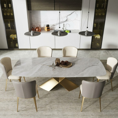 Mesas de comedor de lujo, mesa de diseño, acero inoxidable, piedra, muebles de comedor modernos, columna.