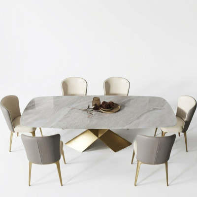 Mesas de comedor de lujo, mesa de diseño, acero inoxidable, piedra, muebles de comedor modernos, columna.