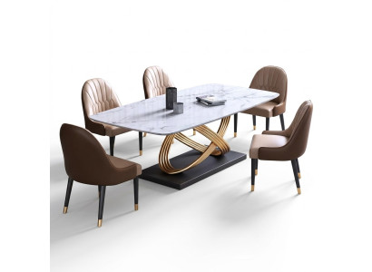 Mesa de lujo de metal Mesa de comedor Mega Diseño Tablas de acero inoxidable de imitación de mármol Mesa de comedor