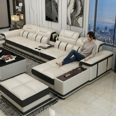 Conjunto de sofás en forma de L de diseño de asiento de esquina en cuero sintético.