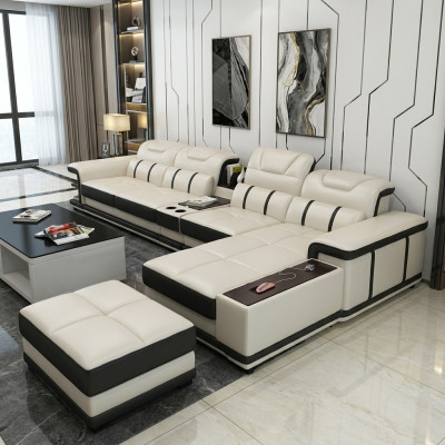 Conjunto de sofás en forma de L de diseño de asiento de esquina en cuero sintético.