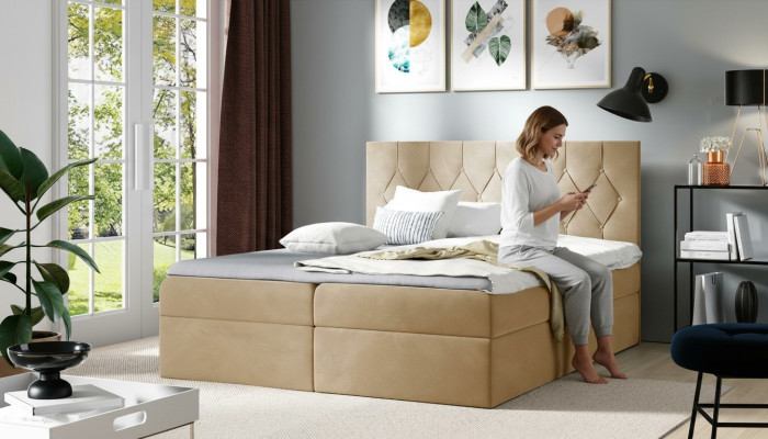 Cama somier de lujo con caja, camas de hotel tapizadas con función de almacenamiento, 180x200 cm, beige.