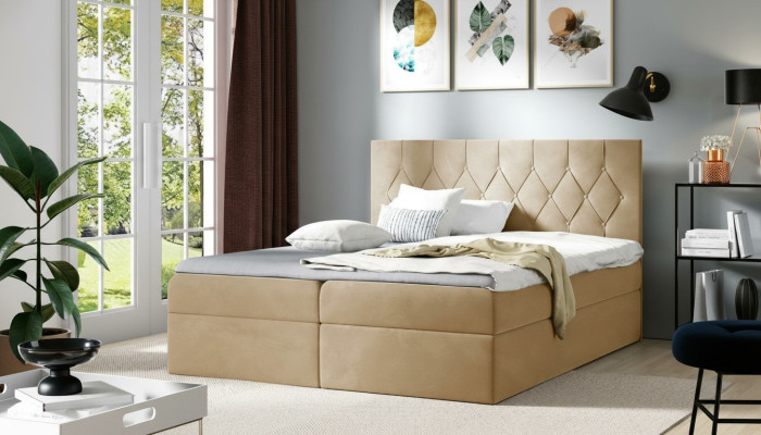 Cama somier de lujo con caja, camas de hotel tapizadas con función de almacenamiento, 180x200 cm, beige.