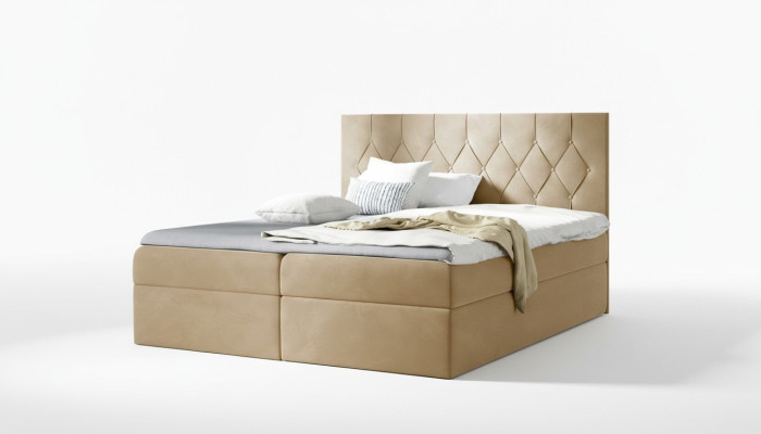Cama somier de lujo con caja, camas de hotel tapizadas con función de almacenamiento, 180x200 cm, beige.