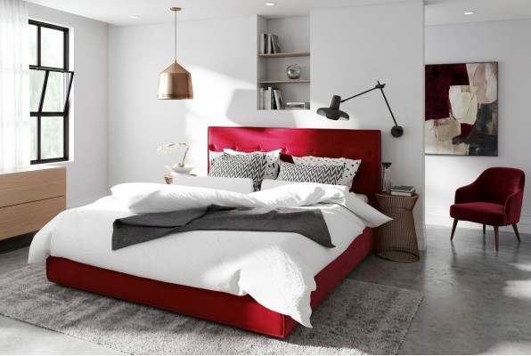 Diseño de cama doble con función de cama de hotel en textil para dormitorios, camas y marcos de cama rojos.