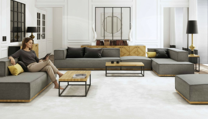 Sofá esquinero en forma de L de lujo, conjunto de tapicería de tela para sofá, cojines, asiento esquinado, moderno, gris.