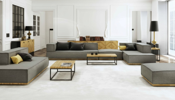 Sofá esquinero en forma de L de lujo, conjunto de tapicería de tela para sofá, cojines, asiento esquinado, moderno, gris.