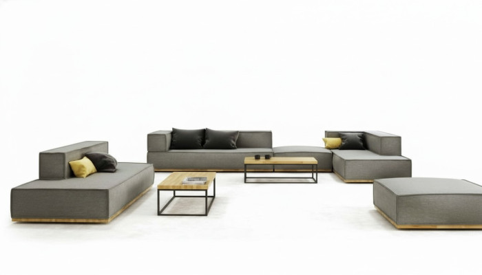 Sofá esquinero en forma de L de lujo, conjunto de tapicería de tela para sofá, cojines, asiento esquinado, moderno, gris.