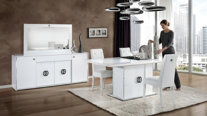 Mesa de comedor con 3 sillas, cómoda, espejo, lujo, madera, moderno, set de diseño de 6 piezas.