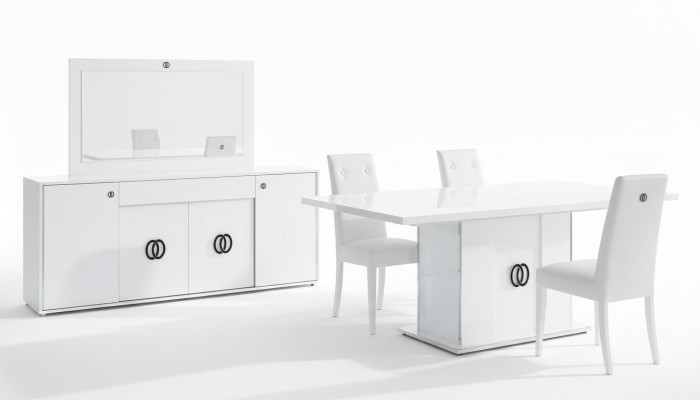 Mesa de comedor con 3 sillas, cómoda, espejo, lujo, madera, moderno, set de diseño de 6 piezas.