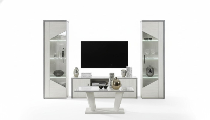 Mueble de TV móvil de salón vitrina pared equipada diseño blanco moderno nuevo set de 3 piezas