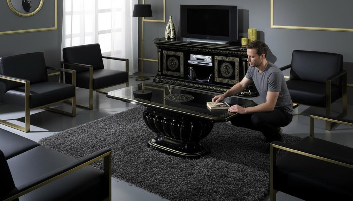 Mesa de café de lujo de diseño en madera, mesa de sofá, mesa negra