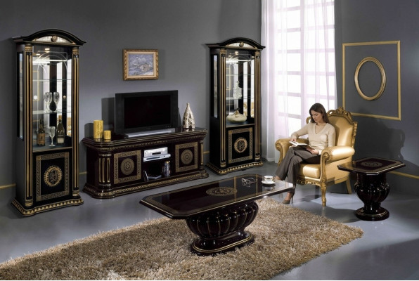 Juego de lujo de sala de estar de 5 piezas con vitrina, mesa de café y mesa lateral negra