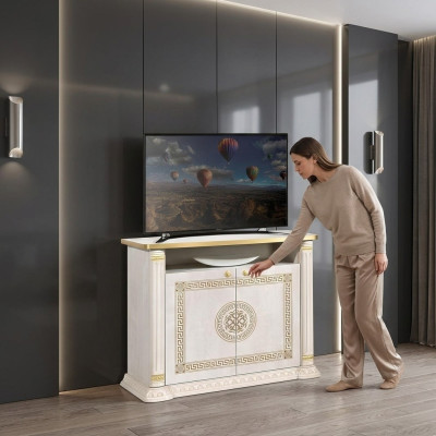 Mueble de TV de diseño, consola para televisor, mueble de lujo en madera dorada beige