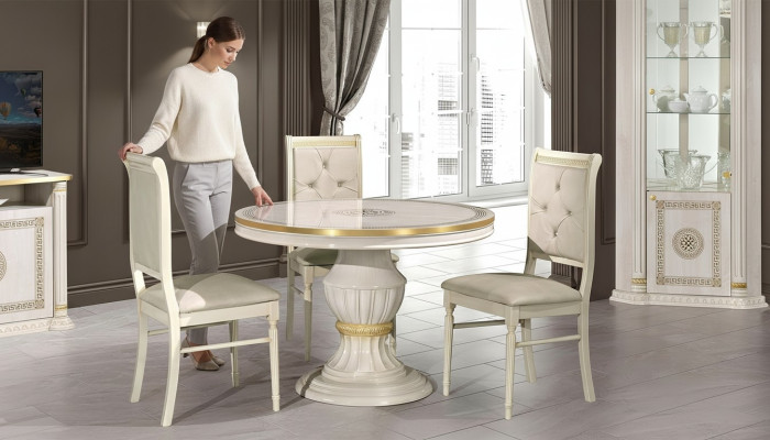 Mesa redonda de comedor de madera, muebles barrocos clásicos, nueva