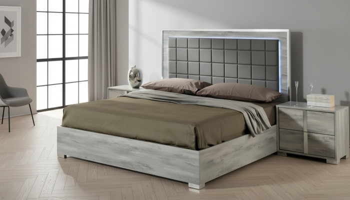 Cama doble de lujo de madera tapizada gris diseño moderno