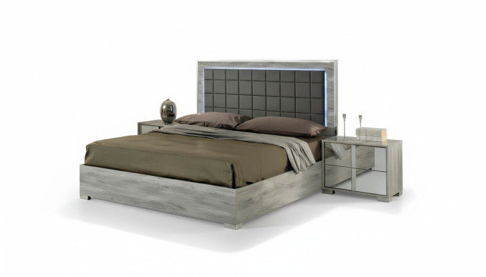 Cama doble de lujo de madera tapizada gris diseño moderno