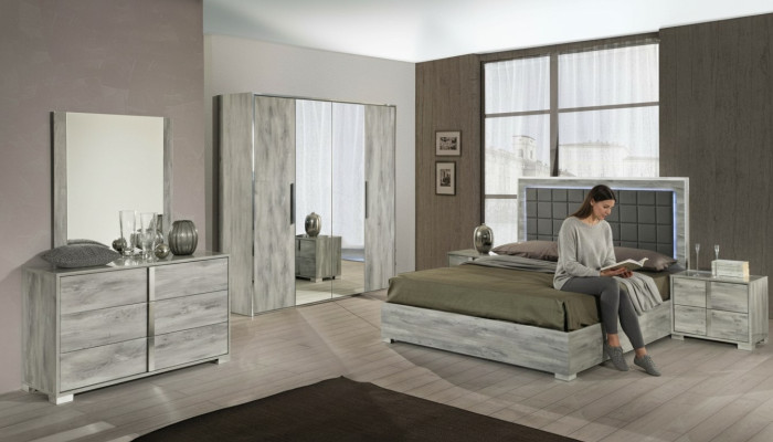 Conjunto de muebles de dormitorio con cama, mesita de noche, armario, cómoda y espejo de 6 piezas