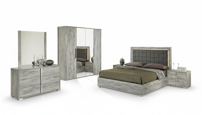 Conjunto de muebles de dormitorio con cama, mesita de noche, armario, cómoda y espejo de 6 piezas
