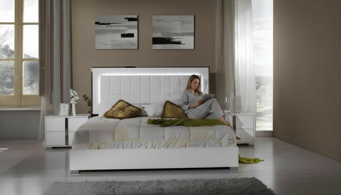 Cama moderna con cabecero tapizado cama matrimonial marco de cama blanco diseño dormitorio