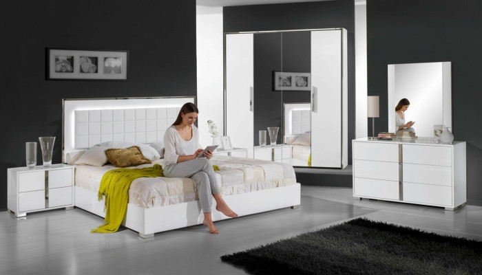 Conjunto de muebles de dormitorio con cama, mesita de noche, armario, cómoda y espejo, 6 piezas nuevo